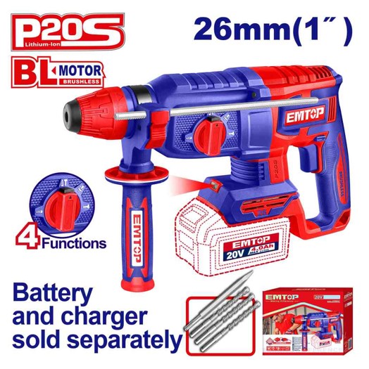 Brushless 20V Cordless Rotary Hammer 2.5J SDS Plus 0-1100rpm 0-5000bpm 26mm Concrete 30mm Wood with Bits Chisel Bare Tool Color Box